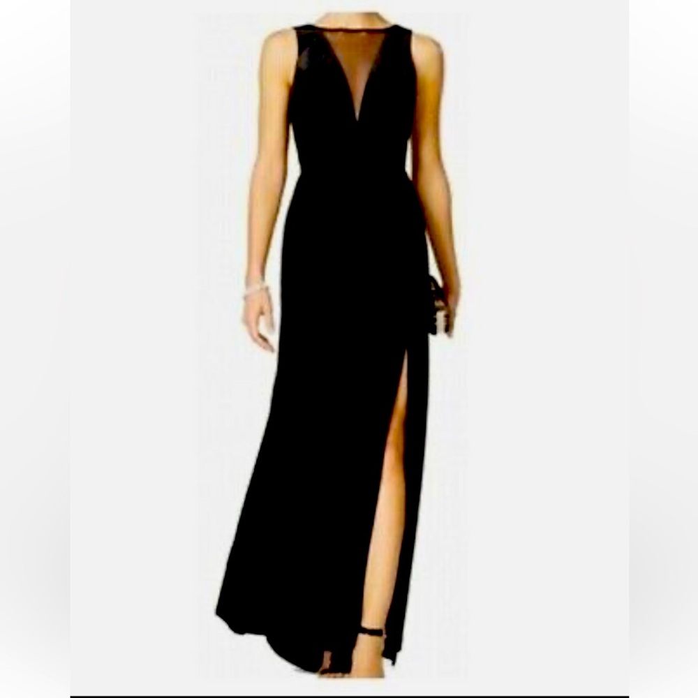 Nightway Plunging Illusion Velvet Black Gown
